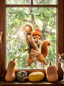 Playful Squirrel Throwing Pinecones At The Window-Static-Cling Window Decal; Suitable For Shop Windows And Home Windows To Create An Autumnal Atmosphere; Made Of Reusable PVC Material. - Multicolor - View 2