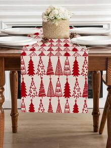 1Pc Christmas Tree Table Runner, Cream Background Red Sketch Xmas Tree, Holiday Table Decor For Kitchen Dining Table, Living Room Indoor Party Home Dinner Decoration - Red and White - View 2