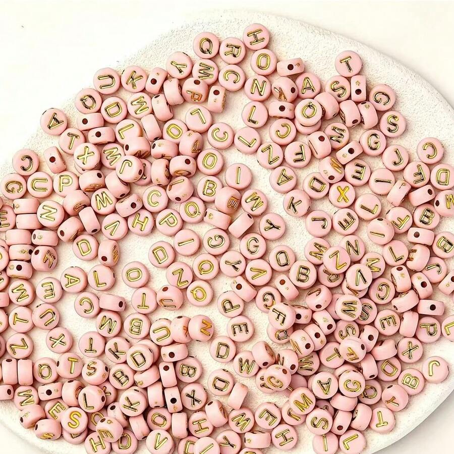 500PCS/1000PCS Acrylic Pink & Gold Round Letter Beads A To Z Loose Beads For Handmade DIY Beaded Bracelets, Necklaces, Earrings, Jewelry And Craft Accessories - Pink With Gold Letter Round - View 1