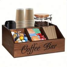 Rustic Wooden Coffee Station Storage Box, Countertop Use - Multifunctional Brown Coffee Capsule Holder Storage Basket With Drawer And Hooks, Suitable For Storing Coffee, Tea And Accessories Decor, Ideal For Coffee Bar - Brown - View 1