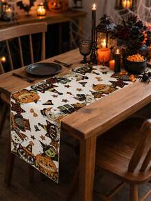 1pc Vintage Cartoon Halloween Table Runner, Beige Linen Long Style, Printed With Pumpkin, Cat And Ghost Patterns, Fun Retro Style Dining Table Decor, Suitable For Halloween Party, Kitchen And Seasonal Home Decoration - Multicolor - View 5