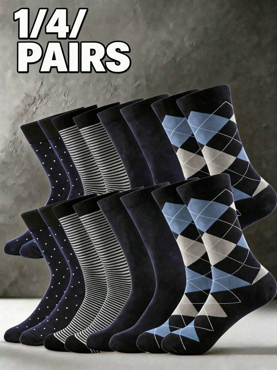 1/4pairs Men's Crew Socks, Mid Calf Socks,Classic Casual Business Dress Socks,Argyle Striped Polka Dot Solid, For Office, Work Daily Wear - Multicolor - View 1