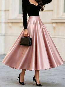DONICY Women's Elegant Satin Champagne High Waist Flared A-Line Long Skirt For Autumn - Pink - View 9