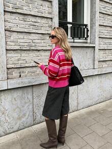 Women's Casual Regular Fit Retro Collegiate Style Colorblock Striped Long Sleeve Polo Neck Pullover Knit Sweater, Suitable For Outings And Back To School, 2026 Autumn/Winter - Red - View 9
