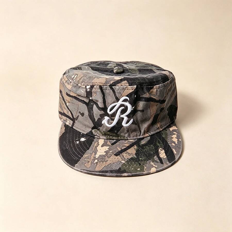 1pc Men Camo R Letter Embroidery Flat Top Cap, Adjustable Casual Street Hip Hop Flat Brim Hat For Outdoor Travel Daily Wear