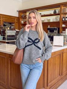 Nicenter Women's Autumn/Winter Gray Round Neck Bowknot Jacquard Knit Pullover Sweater, Dropped Shoulder Long Sleeve Loose Top, Suitable For Daily Commute And Dating - Grey - View 8