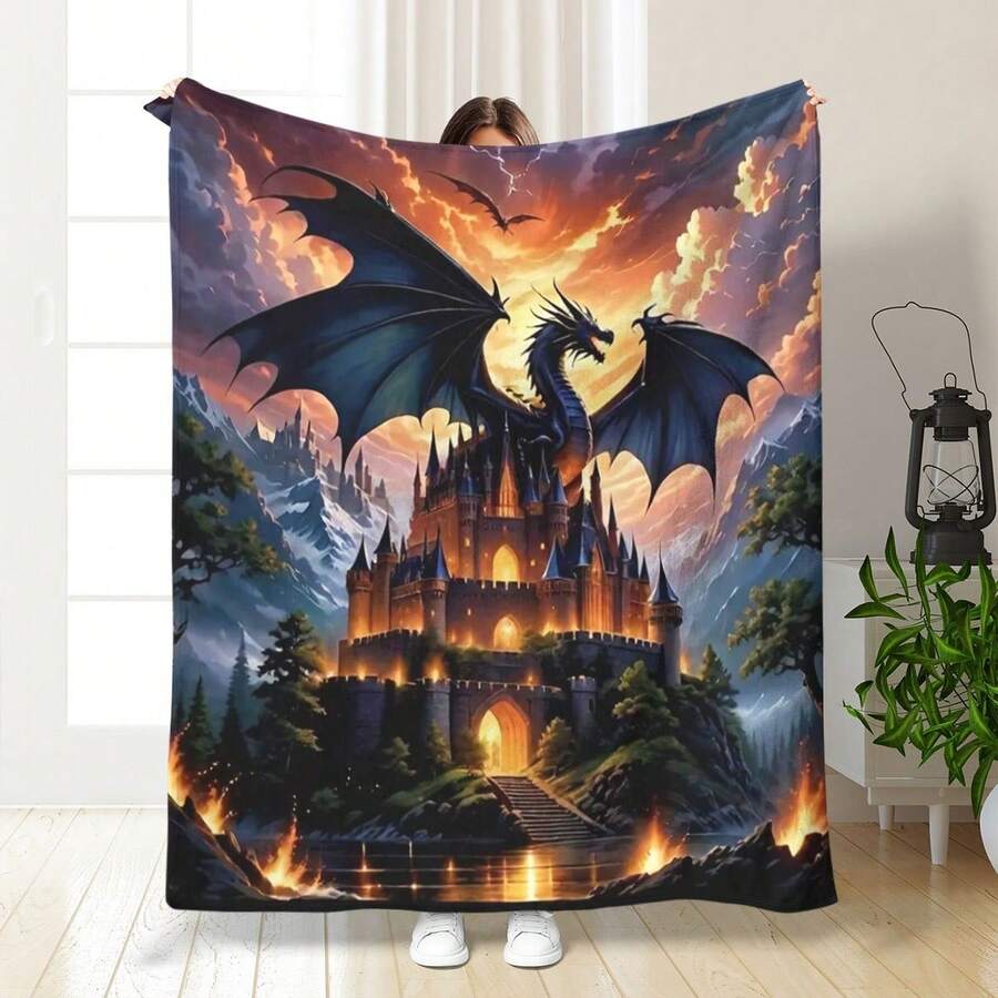 1pc Fantasy Dragon & Castle Print Flannel Blanket - Ultra-Soft All ...