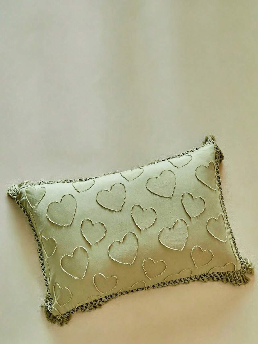 1pc Bohemian Style Green Cutout Heart Tufted Pillow Case With Tassels, Rustic Cute Polyester Decorative Throw Pillow Cover Suitable For All Seasons, Living Room Decor, Machine Washable, Without Filler - Green - View 1