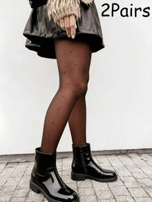 1/2/3 Pairs Plus Size Women Polka Dot High‑Waist Tights, Elegant Sexy Playful Pattern, Hosiery For Daily Work Party, Machine Washable - Black - View 13