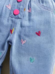 Baby Girl Spring Summer Autumn Denim Long Pants With Heart Embroidery, Light Blue Wash, Elastic Ruffle Waist, Pink Buttons, Loose Straight Leg, Sweet Casual For Daily Outdoor Outings - Blue - View 9