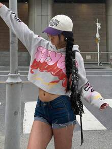 女款 Y2K 短版長袖針織運動衫，吸睛印花街頭風時尚上衣 - 灰色 - 查看 4