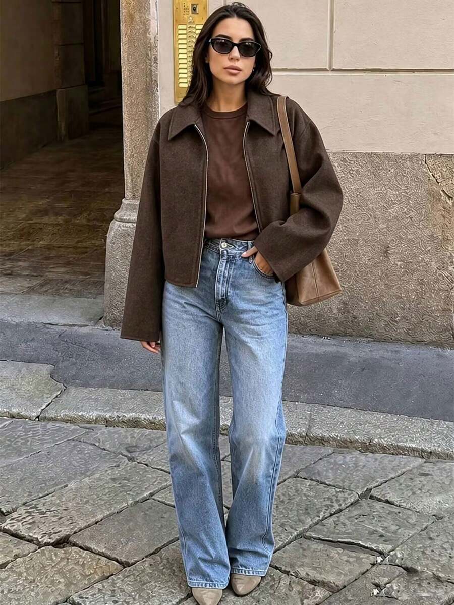 女款休閒時尚翻領長袖外套,附口袋,優雅街頭風夾克 - 棕色 - 查看 1