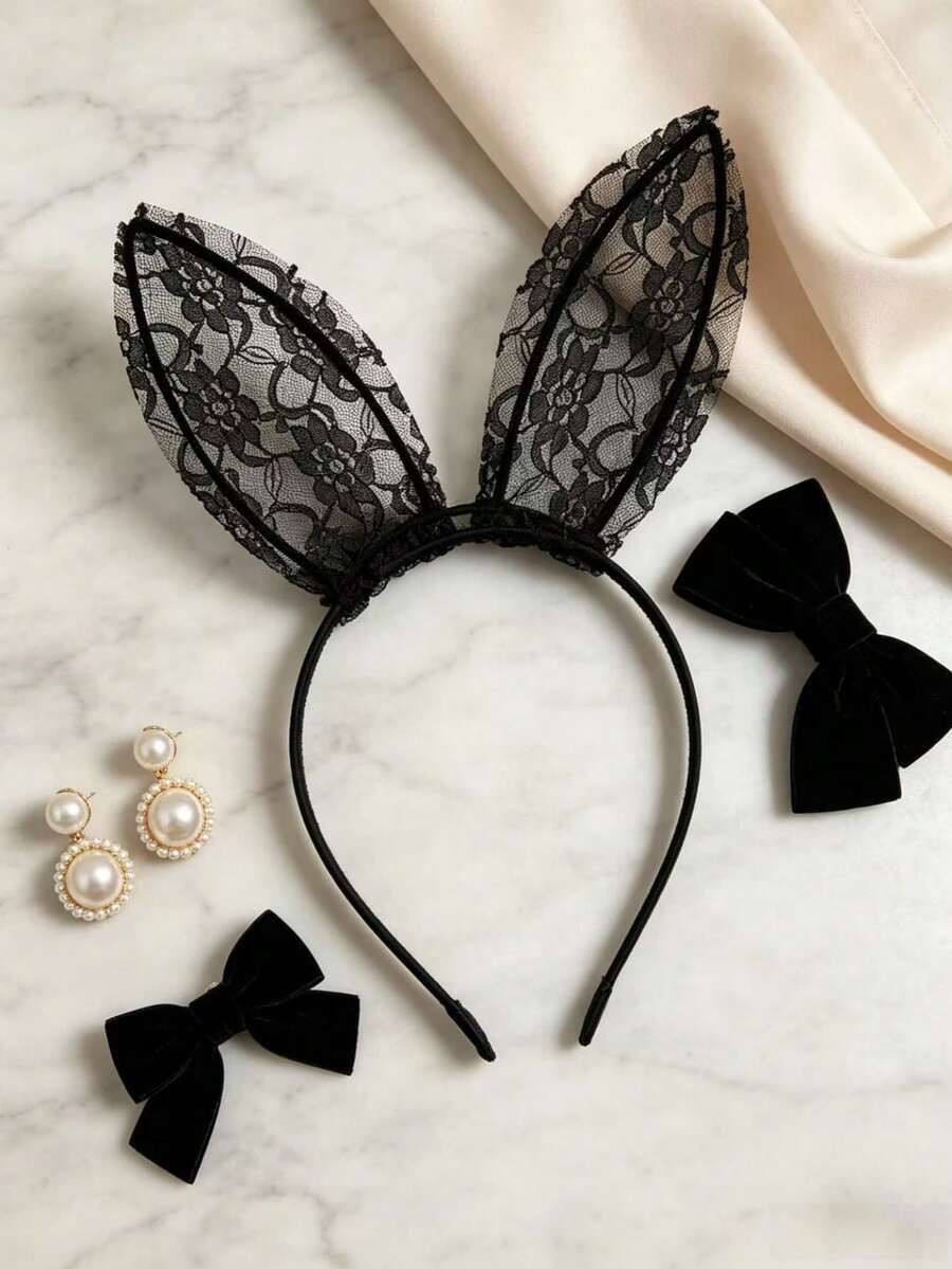 1pc/Set Halloween Party Costume Prop Large Rabbit Ears Lace Headband Bunny Girl Cute Sexy Cosplay Headpiece Live Streaming Hair Clip Mesh Hair Accessory For Women - Multicolor - View 1