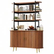 Sideboard With Roller Doors And Top Shelf, 4-Tier Open Shelf, Modern Kitchen Cabinet With Vertical Ribbed Paneling, Gold Metal Legs, Storage Cabinet For Dining Room And Living Room, Dark Brown - Wood - View 7