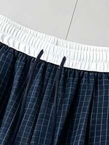 Men's Double Waist Plaid Wide Leg Pants, Elastic Drawstring High Waist Loose Casual Pants, Street Style Loose Pants, Suitable For Daily Wear - Black - View 3