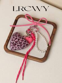 Women's Bag Charm Heart Pink Fluffy Leopard Print Beaded Cute Fashion - Pink - View 4