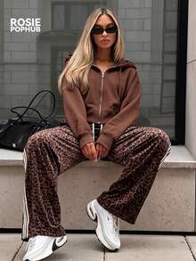 ROSIE POPHUB Women Leopard Print Elastic Waist Drawstring Straight Leg Pants Side Striped Casual Streetwear Christmas Bottoms For Fall Winter - Multicolor - View 6