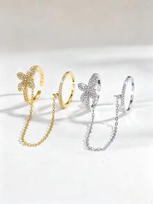 1pc Elegant Long Chain Linked Full Zirconia Finger Ring For Women, Suitable For Banquet, Party, Holiday Gift - Four-leaf Clover + Ring Connector Ring - View 2