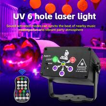 6 Hole UV Laser Party Light, 120 Effects DJ Disco Stage Light With Music Sync Voice Control, Remote Control & Timer, USB RGB Projector Lamp For Halloween Christmas Birthday Party Decoration - Black - View 2