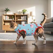 1pc Cat Post-Surgery Recovery Vest, Suitable For Abdominal Wound Protection, Prevents Licking Wounds, Full Print Design, Cat Home Wear Cat Pajamas, Suitable For Large, Medium And Small Cats, All Seasons - Baby Blue - View 6