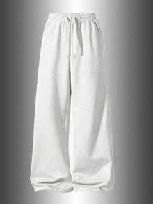 Women's Casual Knitted Wide Leg Sweatpants, Long Loose Straight Leg Elastic Waist Drawstring Pockets, Soft Daily Home Pants, Sweatpants, Spring/Autumn - Light Grey - View 5