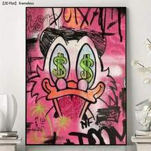 2D Flat: Ramlös canvasmålning med rosa dollarögon-cartoon graffiti. Livfull rosa och svart graffiti, modern heminredning med dollartecken- och myntmönster. Modernt och kreativt. - 111 - Visa 5
