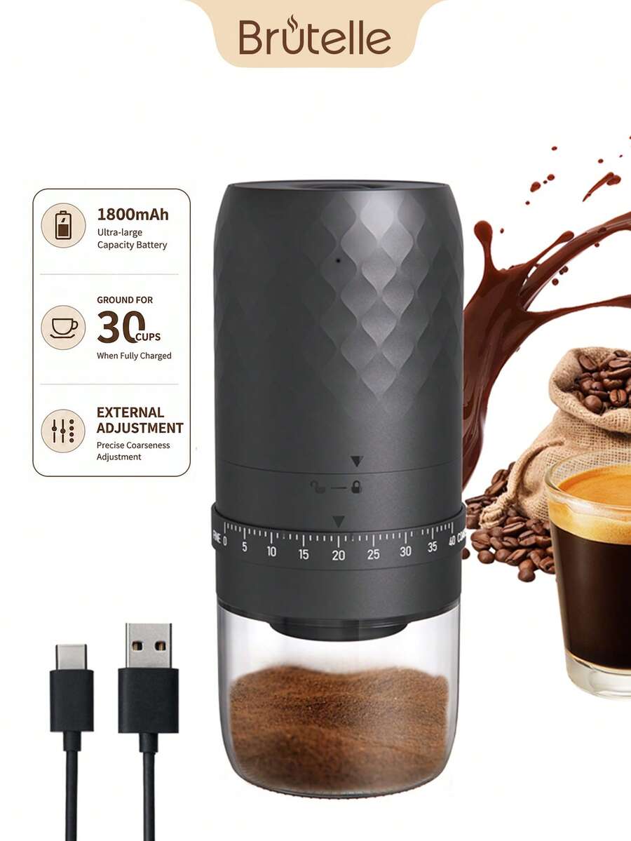 Brutelle 1件 USB充電式電動咖啡研磨機，可調節研磨粗細，適用於居家、辦公室咖啡角、學校