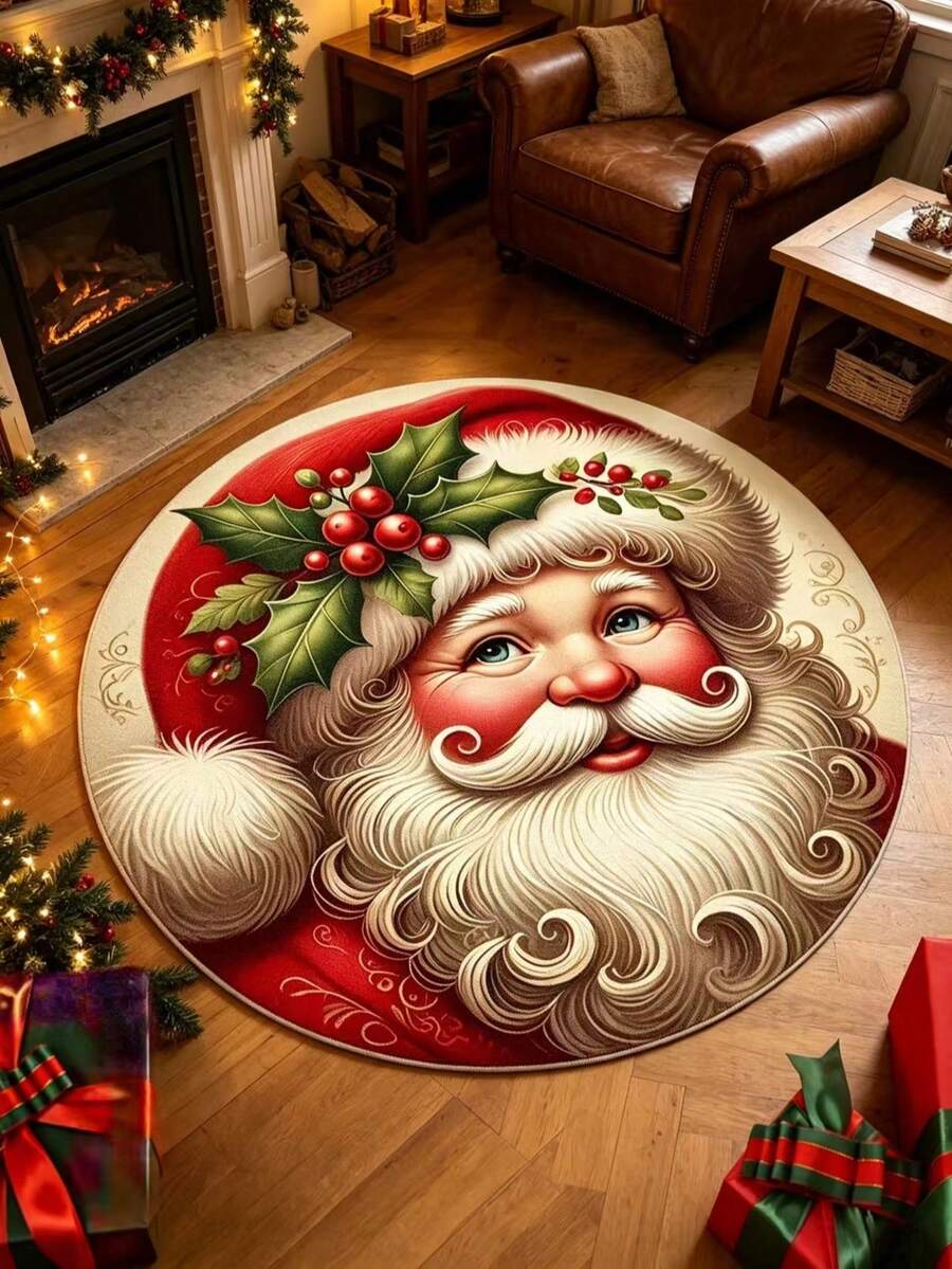 1pc Round Santa Claus Decorative Rug, Decorative Rug, Bedroom Decor, Small Rug, Rug, Home Decor, Living Room Rug, Living Room Small Rug, Bedroom Rug, Living Room Home Decor, Outdoor Rug, Washable Rug - Multicolor - View 1