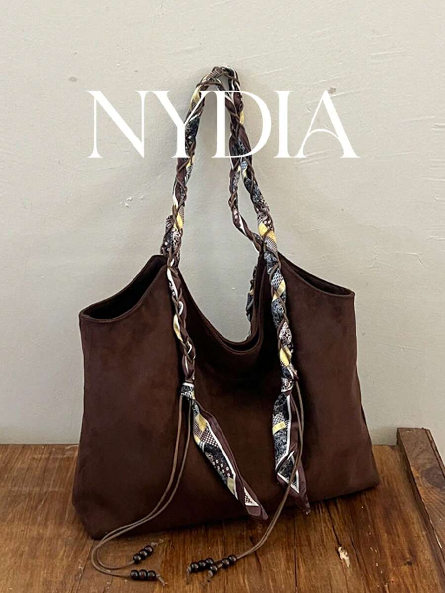 1pc Coffee Brown Vintage Suede Large Capacity Tote Bag, Decorated With Silk Scarf, Soft Shoulder Bohemian Style Handbag, Large Capacity, Suitable For Daily, Work, Travel