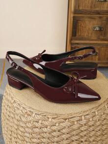 XBYASDF Women's Burgundy Glossy Bow Chunky Heel Pumps, Pointed Toe Slingback Buckle 3cm High Heels, Elegant Commute Comfortable Sandals - Burgundy - View 6