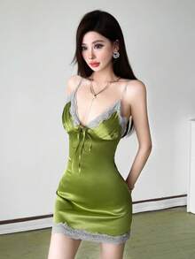 Top Dazzle Chic Women's Satin Fitted Mini Dress, Sleeveless Deep V-Neck Spaghetti Strap Style With Ruffle Lace Details, Creating A Stunning Look - Green - View 3