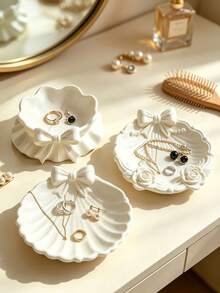 1pc Cream White Bowknot Ceramic Jewelry Tray, Ruffled Edge Decorative Trinket Dish, Tabletop Ring Necklace Earring Storage Holder - Multicolor - View 3
