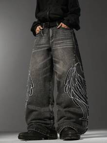 Men's Gothic Street Wide Leg Jeans, Exquisite Niche Side Embroidery, Loose Stylish Versatile All-Season Long Pants (No Belt & Accessories Included) - Black - View 6