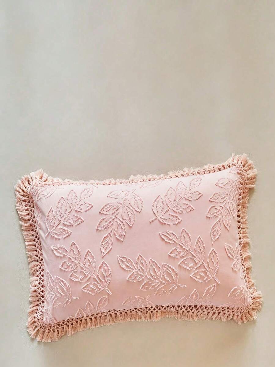 1pc Bohemian Style Pink Leaf Cut-Out Tufted Pillowcase With Tassels, Vintage Floral Decorative Throw Pillow Cover, Suitable For All Seasons, Machine Washable, , Without Filler - Pink - View 1