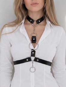 Black PU Leather Bondage Collar & Body Harness With Metal Rings, Adjustable Buckle, Gothic Y2K Style Top Accessory, Essential Body Chain For Clubwear - Multicolor - View 3