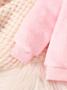 BrownBark 2pcs, Baby Girl Winter Plush 2 Pieces Sweatshirt Set, Pink Round Neck Cute Rabbit Applique Embroidered Long Sleeve Sweatshirt, Paired With Same Fabric Cuffed Pants, Soft Flannel Warm And Comfortable, Essential For Baby Girl Autumn/Winter - Pink - View 6