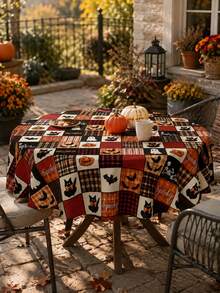 1pc Vintage Patchwork Halloween Polyester Tablecloth, Black Cat, Pumpkin, Ghost, Bat, Skeleton & Plaid Print Rectangular Table Cover For Halloween Party, Dining Room, Kitchen And Home Decor - Multicolor - View 19