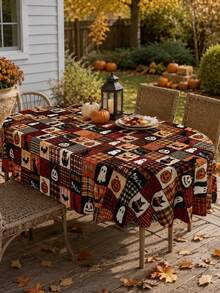 1pc Vintage Patchwork Halloween Polyester Tablecloth, Black Cat, Pumpkin, Ghost, Bat, Skeleton & Plaid Print Rectangular Table Cover For Halloween Party, Dining Room, Kitchen And Home Decor - Multicolor - View 12