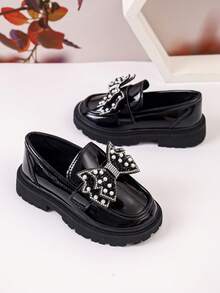 Girls' Glossy Colorblock Loafers With Pearl Rhinestone Bow Decor, Thick Sole Slip-On Non-Slip Casual Princess Shoes - Black - View 4
