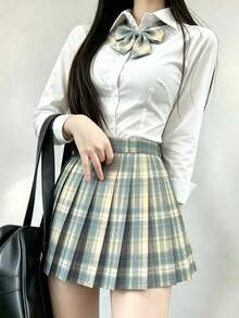 1件日系JK校服女款套裝，白色長袖收腰襯衫搭配海鹽黃與薄荷藍格紋裙，秋冬款，音樂節學生Cosplay女裝，萬聖節服裝 - 薄荷藍 - 查看 1