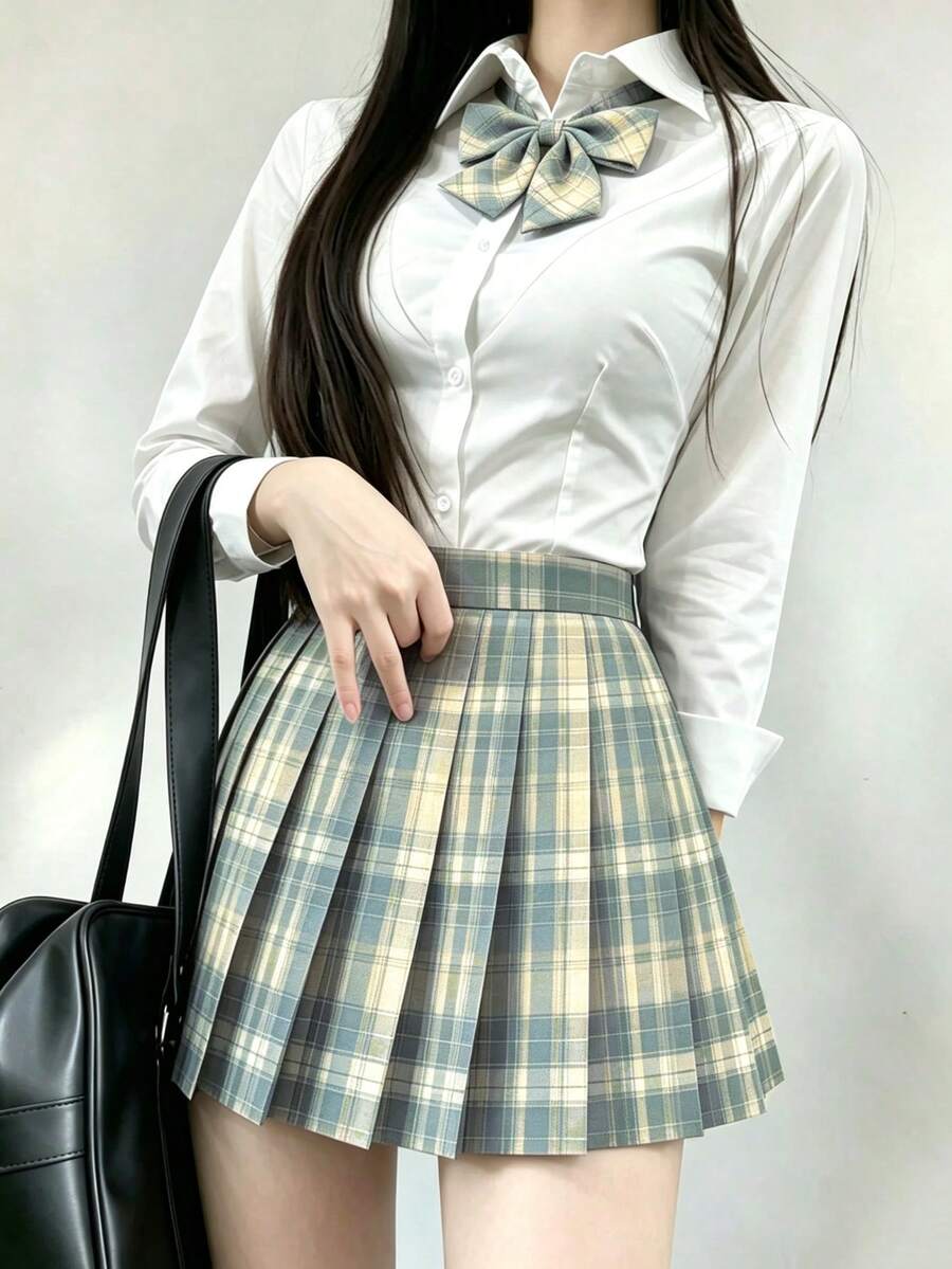 1件日系JK校服女款套裝,白色長袖收腰襯衫搭配海鹽黃與薄荷藍格紋裙,秋冬款,音樂節學生Cosplay女裝,萬聖節服裝 - 薄荷藍 - 查看 1