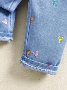 Baby Girl Spring Summer Autumn Denim Long Pants With Heart Embroidery, Light Blue Wash, Elastic Ruffle Waist, Pink Buttons, Loose Straight Leg, Sweet Casual For Daily Outdoor Outings - Blue - View 10