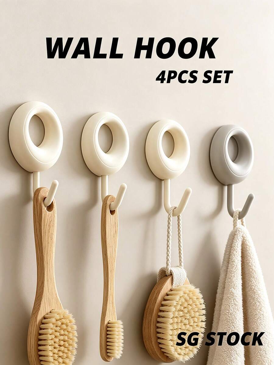 4pcs Self-Adhesive Wall Hooks, Drill-Free Waterproof No-Damage Sticky Hooks, Heavy Duty Hooks Suitable For Bathroom Kitchen Door Cabinet Towel Key Kitchen Utensils Storage, Neutral Home Decor - View 1