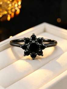 1pc Dark Sunflower Shaped Ring, Niche Design Atmosphere Cubic Zirconia Inlaid Accessory, Daily Layered Decor Finger Ring - Ring - View 10