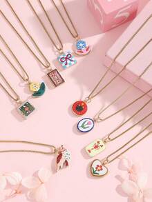 1pc Vintage Cute Animal & Floral Pendant Gold Thin Necklace, Adorable Cartoon Pattern Neck Accessory Suitable For Daily Wear - Multicolor - View 3