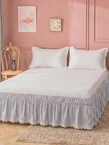 1pc Lace Bedskirt In Simple Classic Daily‑Use Style. Made Of Soft Breathable Polyester For All‑Season Use. This Pleated Bed Linen With Neutral Tones Brings Minimalist Decor, Perfect For Bedroom & Home Decoration, Matching Popular Seasonal Home - Grey - View 4