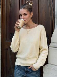 Nicenter Women's Solid Color Boat Neck Sweater, Oatmeal Soft Knit Drop Shoulder Long Sleeve Pullover, Elegant Minimal Fall Winter Knit Top - Apricot - View 8