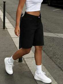 Teen Girls Vintage Black Wide Leg Denim Bermuda Shorts Casual Loose Fit - Black - View 5
