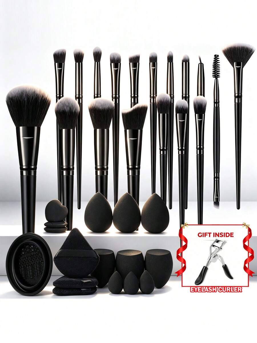 35/18pcs Including Gifts,Makeup Brushes Complete Kit With Makeup Sponges, Powder Puffs, Brush Cleaning Mat And Bonus Eyelash Curler, Soft Cosmetic Brushes For Foundation Powder Blush Eyeshadow Concealer, Beauty Tool Set For Daily Application - Black - View 1