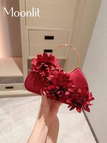 1件酒紅色女款優雅花卉裝飾方盒手拿包，奢華閃亮手鍊手柄手提包，迷人精緻晚宴包，正式派對包，適合情人節約會、舞會、生日派對、晚間聚會等場合 - 酒紅色 - 查看 3